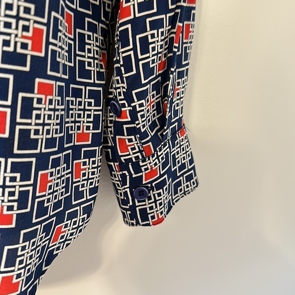 French Curve Womens Silk Button Down Top Blouse Sz Small Navy & Red Professional - Picture 7 of 10